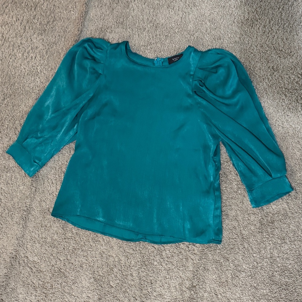 Vici Teal Puff-Sleeve Satin Blouse